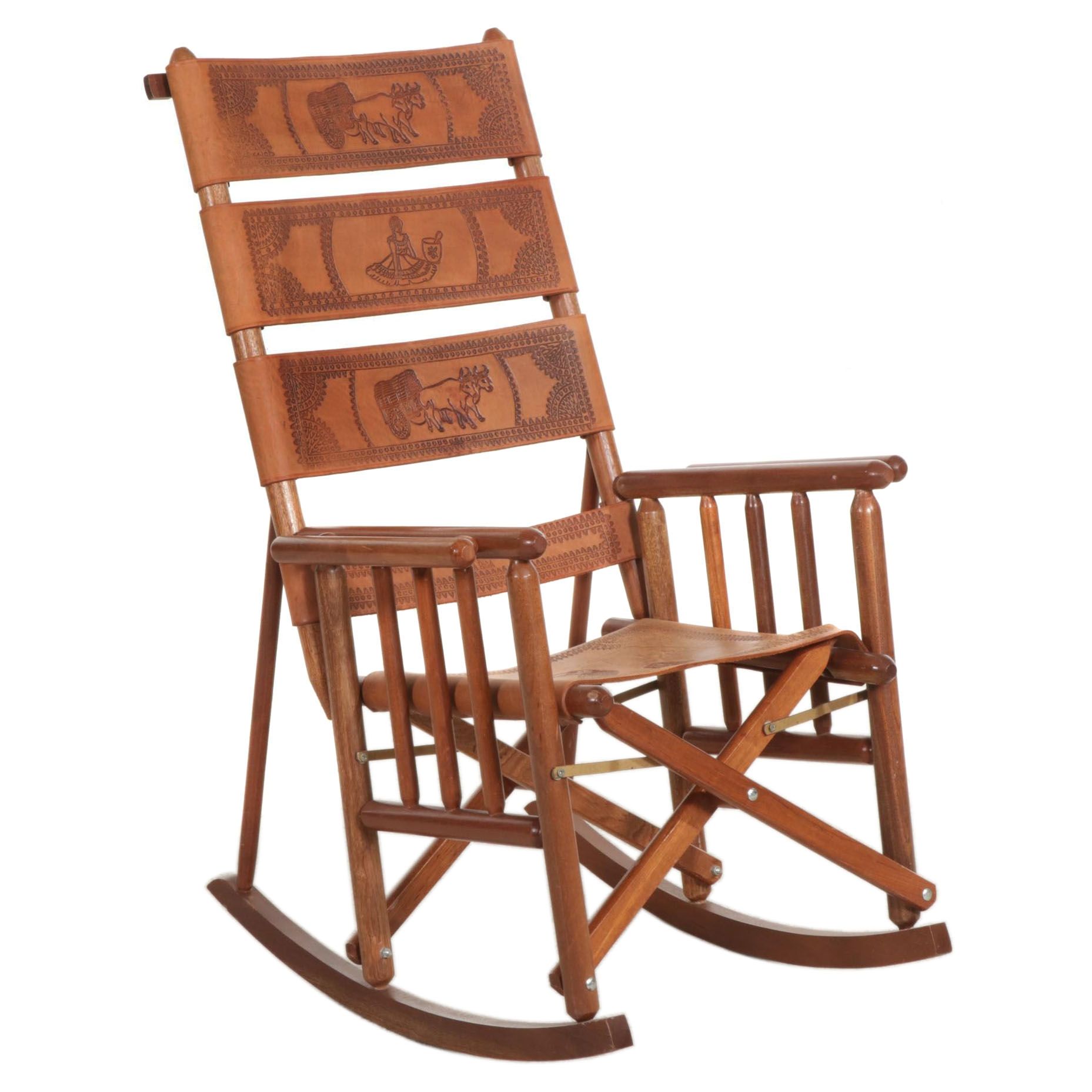 Costa Rica Folding Wood Rocking Chair with Embossed Leather Strap