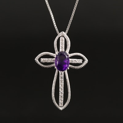 Sterling Amethyst and White Sapphire Cross Necklace