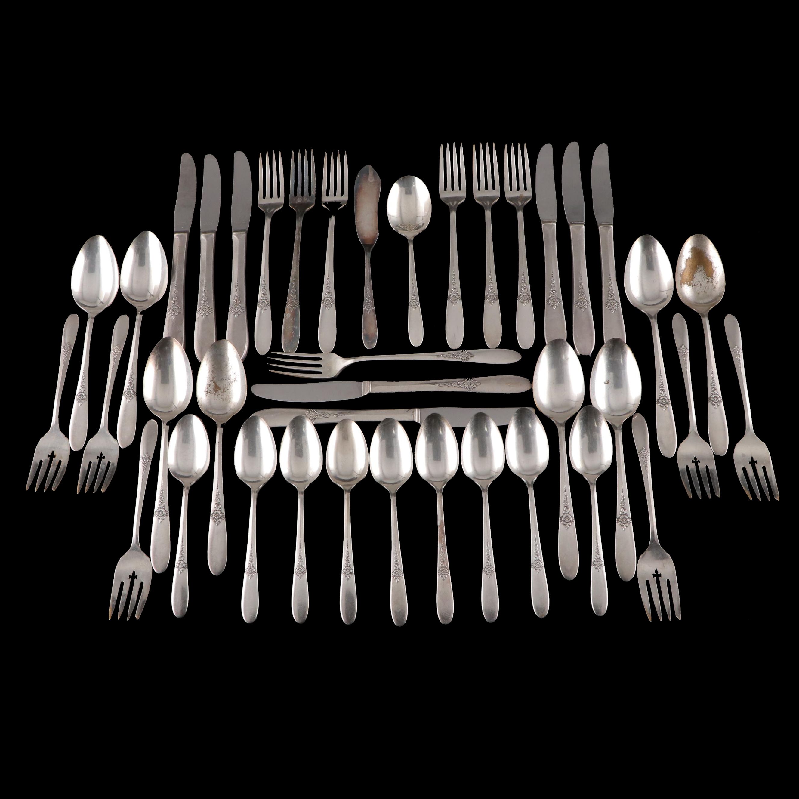 Oneida Silver Plate Flatware Service with Rose Ornamented Handles EBTH