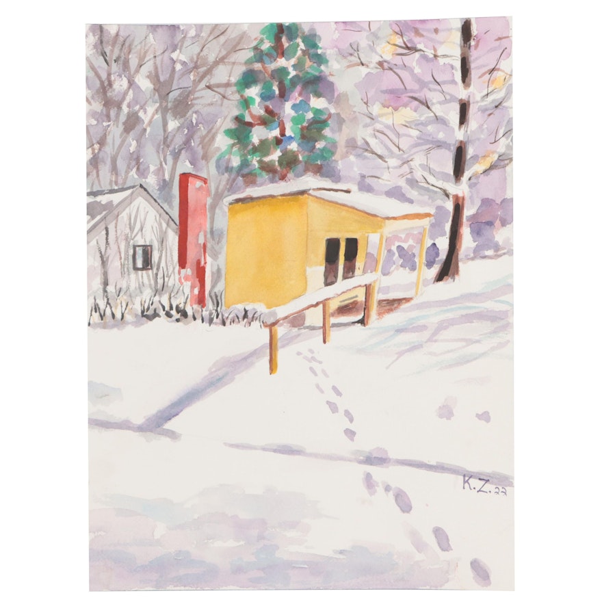 Kathleen Zimbicki Watercolor Painting of a Playhouse in the Snow, 2022