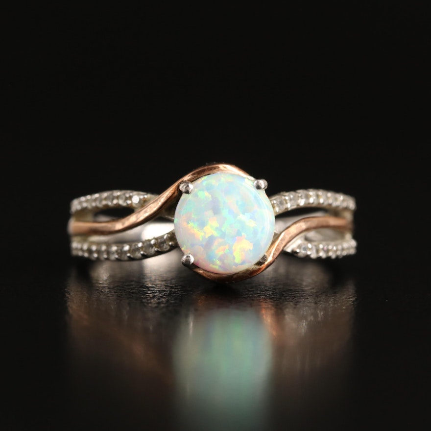 Sterling Opal and White Sapphire Ring with 10K Rose Gold Accent