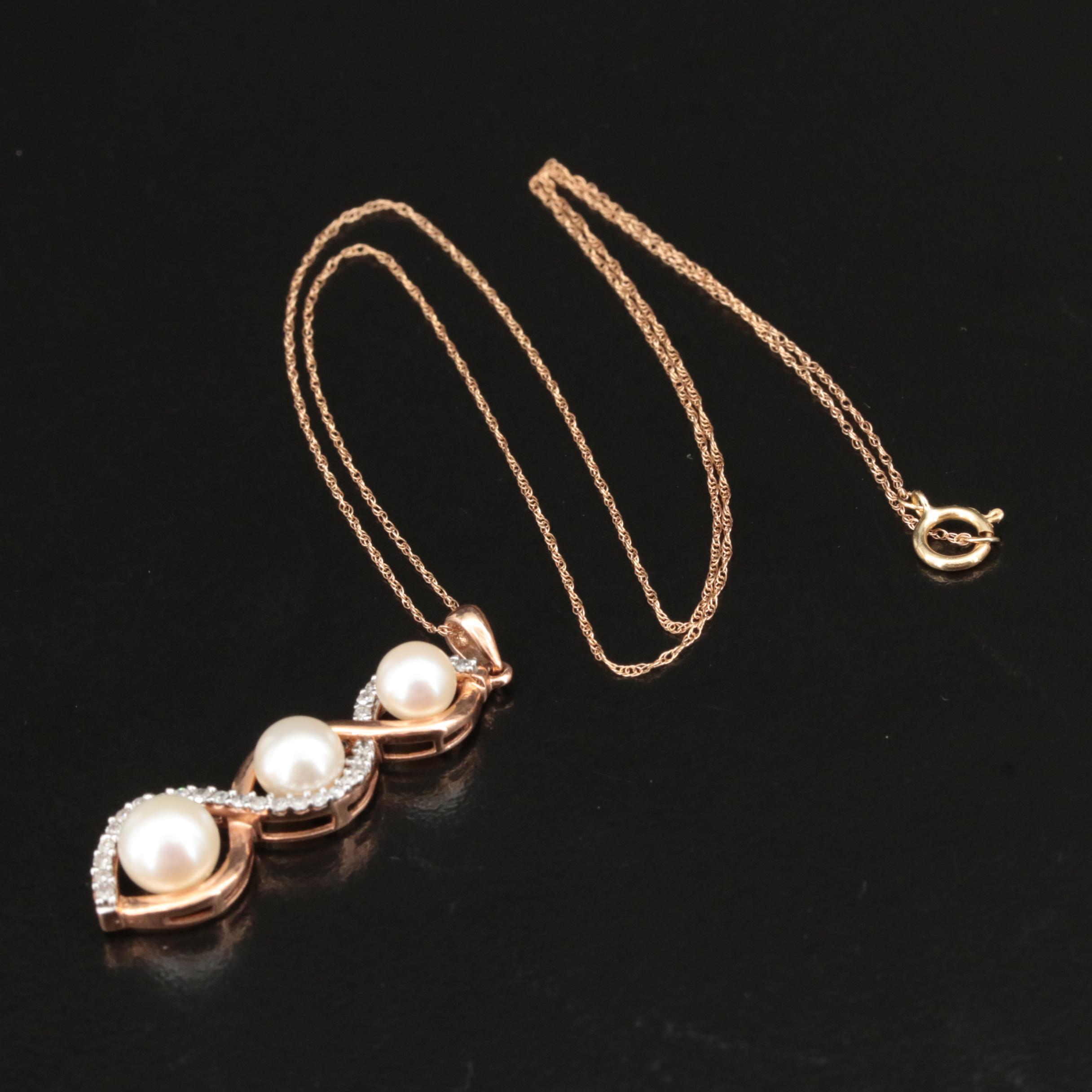 10K Rose Gold Pearl and Diamond Pendant Necklace EBTH