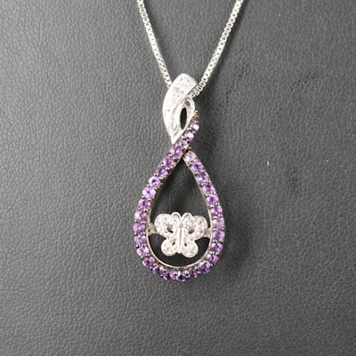 Amethyst Sapphire Articulated Butterfly Pendant Necklace in Sterling