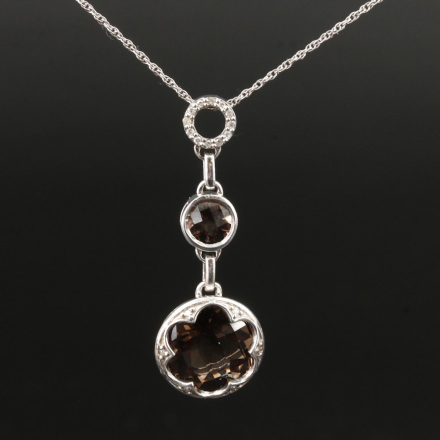 Sterling Smoky Quartz and Diamond Pendant Necklace