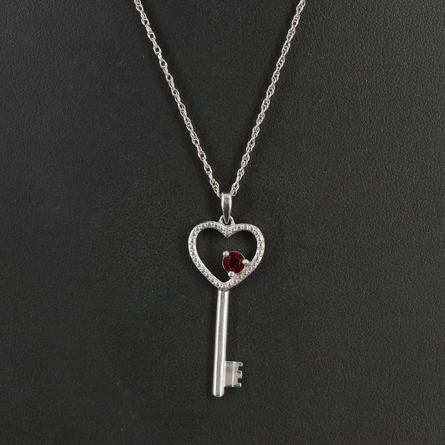Sterling Rhinestone Heart Key Pendant Necklace