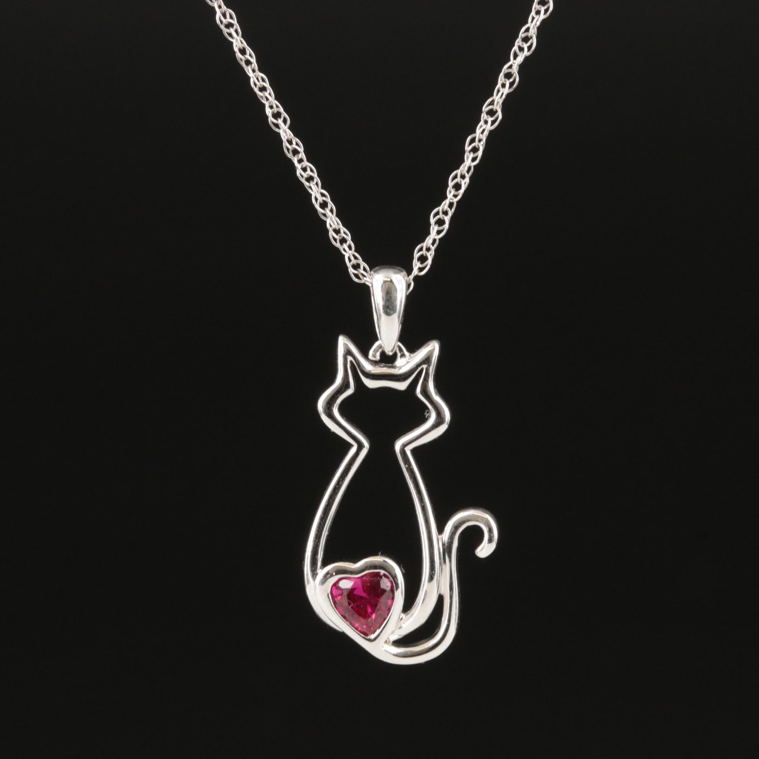 Sterling Ruby Cat Pendant Necklace EBTH