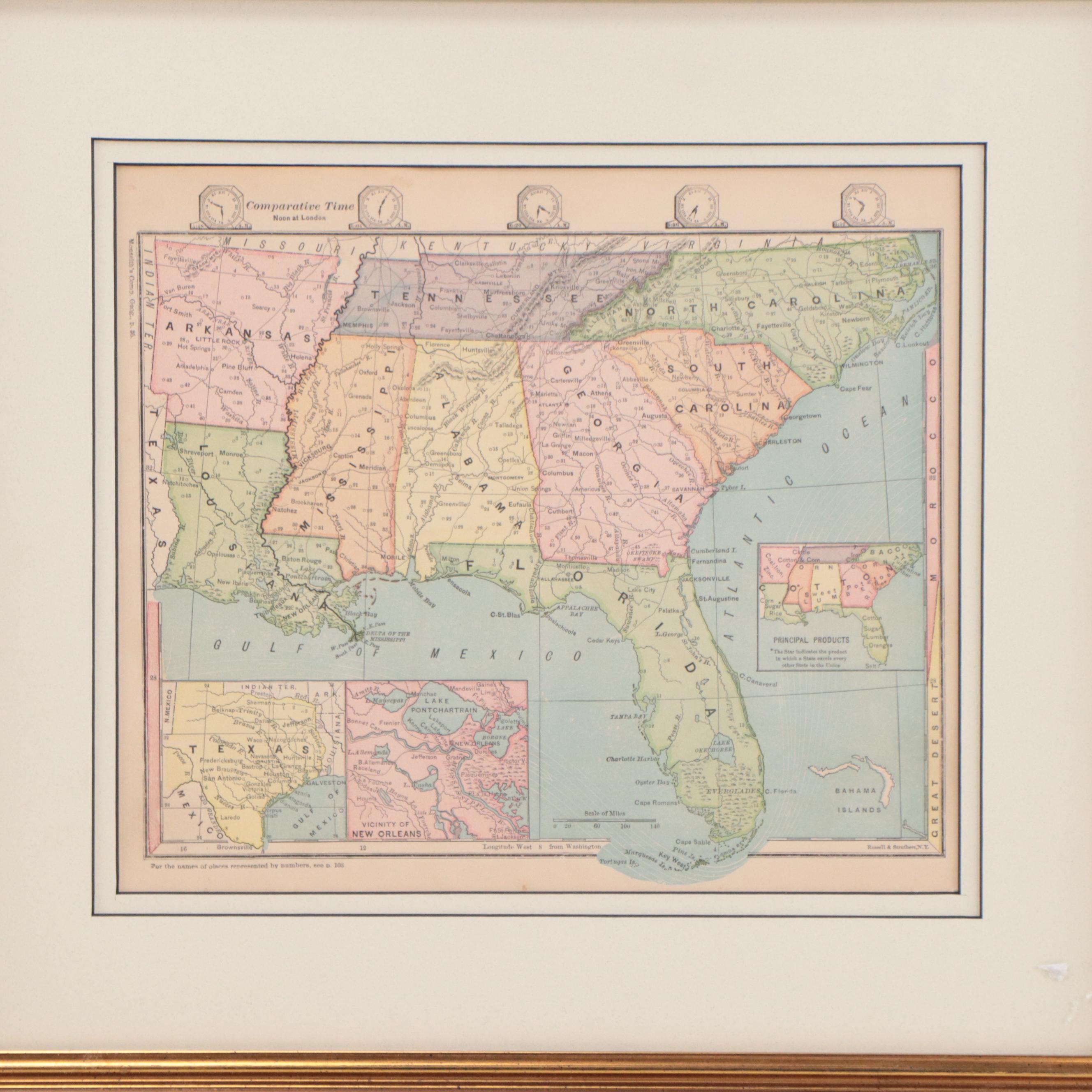 Russell & Struthers Wax Engraving Map of Southeastern United States