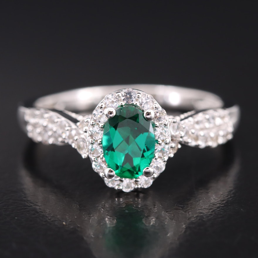 Sterling Emerald and Sapphire Halo Ring with Twist Shoulders