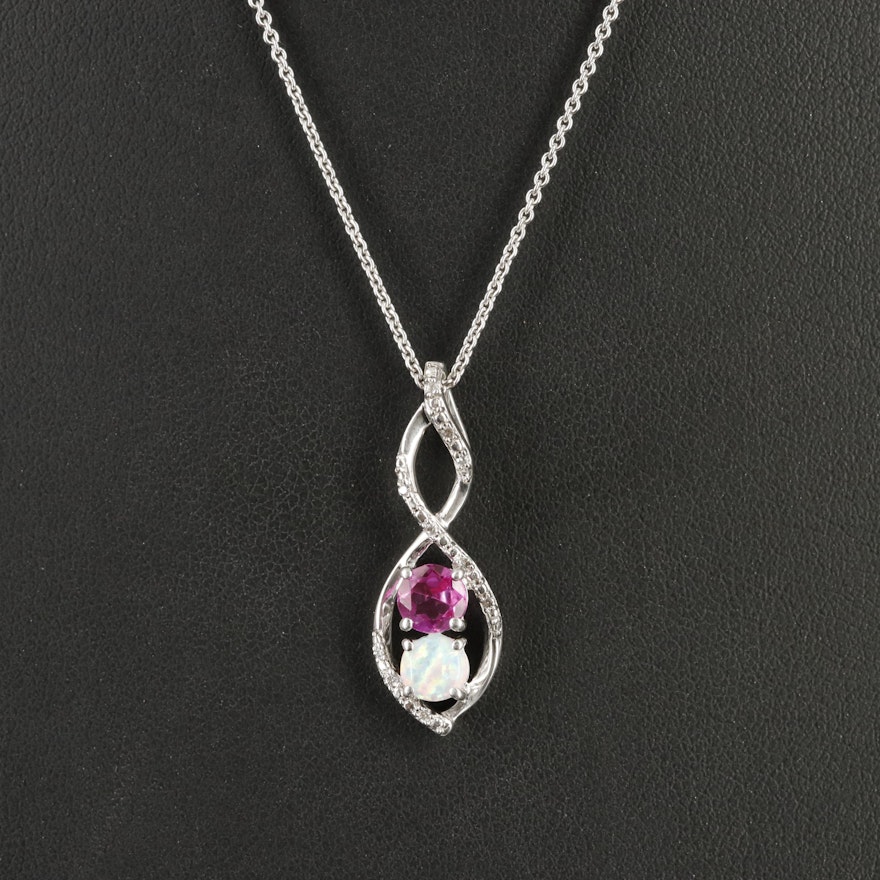 Sterling Opal, Sapphire and Cubic Zirconia Pendant Necklace