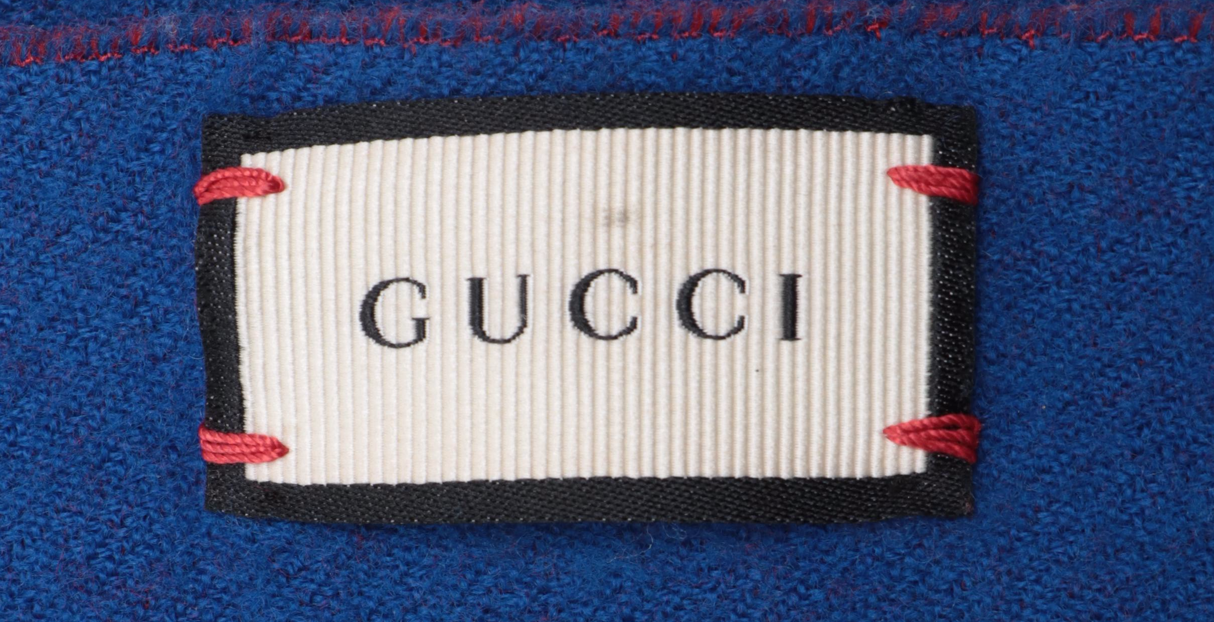 Gucci "L' Aveugle Par Amour" Tiger Jacquard Scarf in Red and Blue Wool