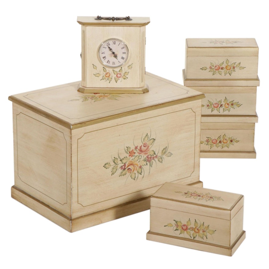 Hand-Decorated Chest, Desk Clock and Three Vanity Boxes, 21st Century