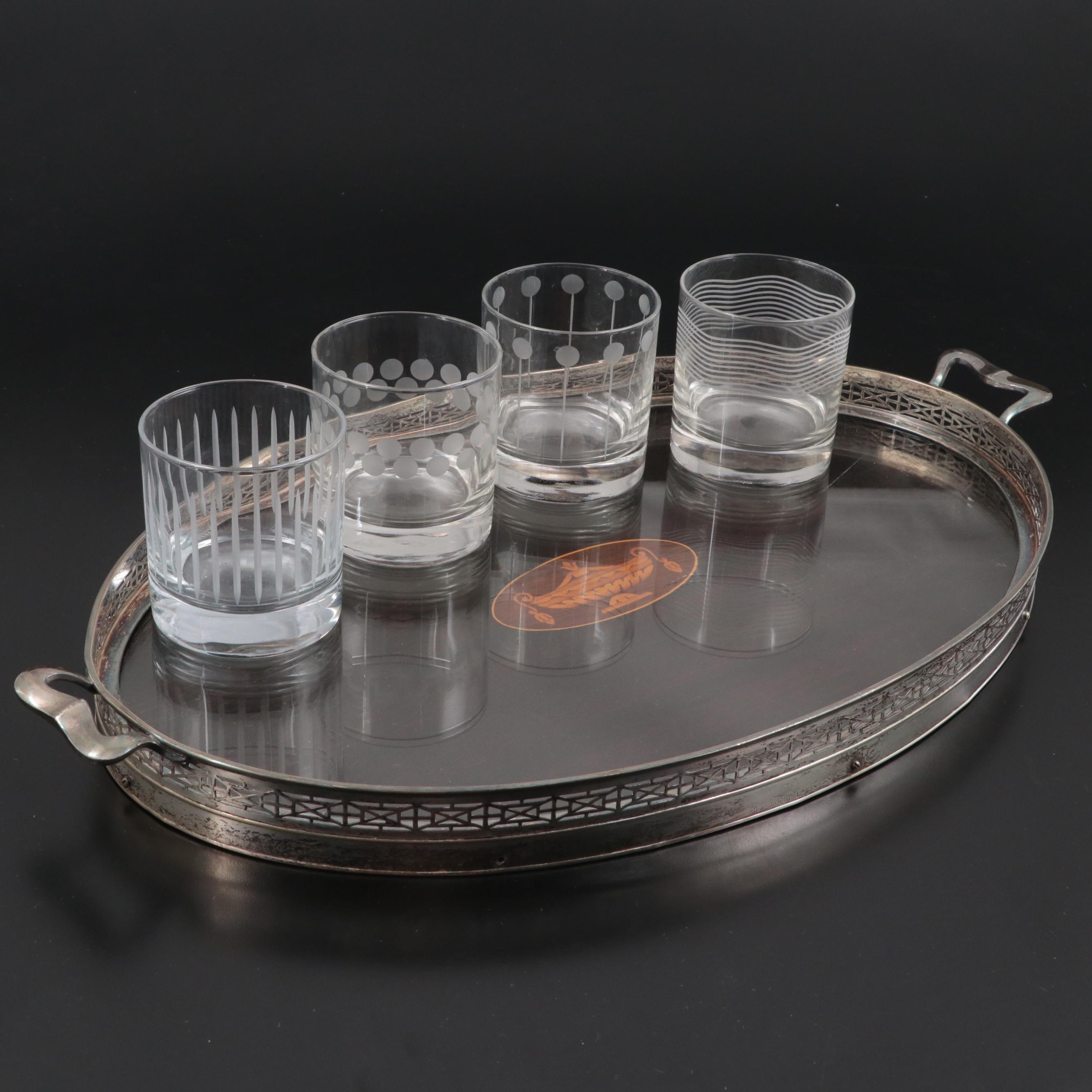 Mikasa "Cheers" Double Old Fashioned Glasses with Inlaid Mahogany Tray