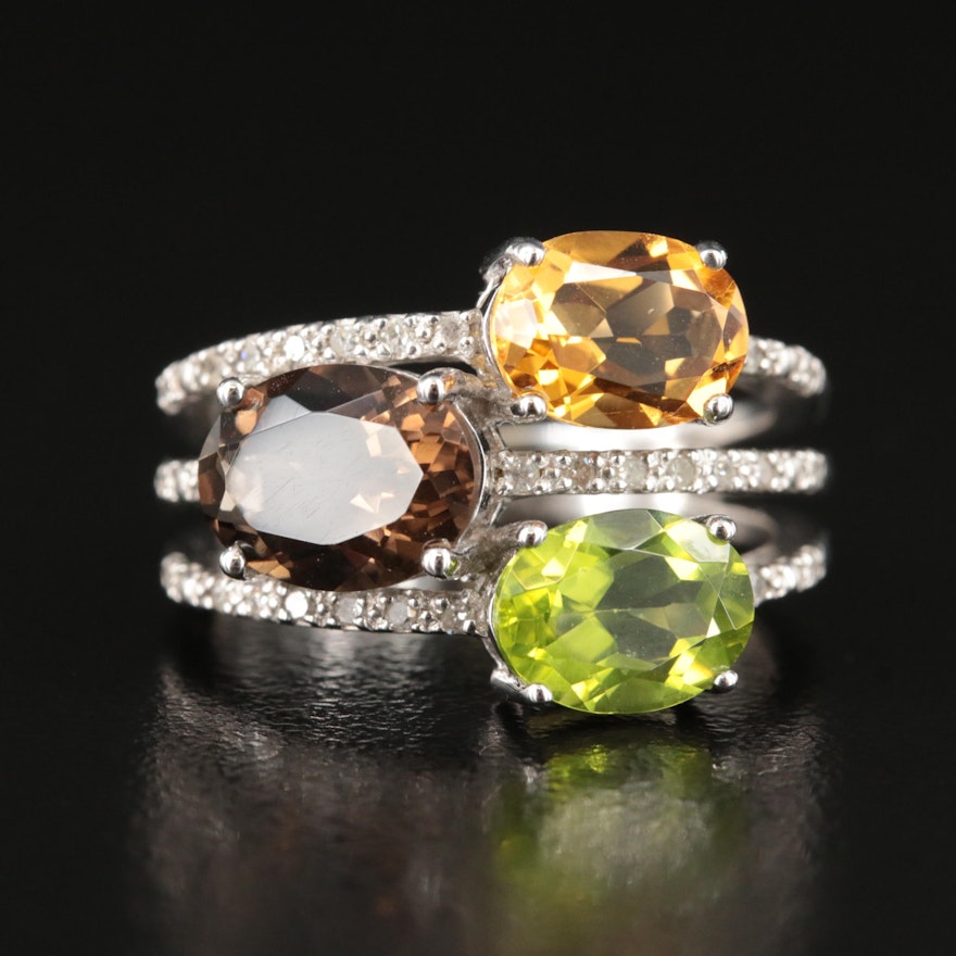 Sterling Multi-Row Ring Including Diamond, Peridot and Citrine