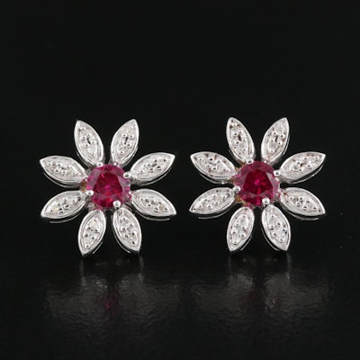 Sterling Ruby and Diamond Flower Earrings