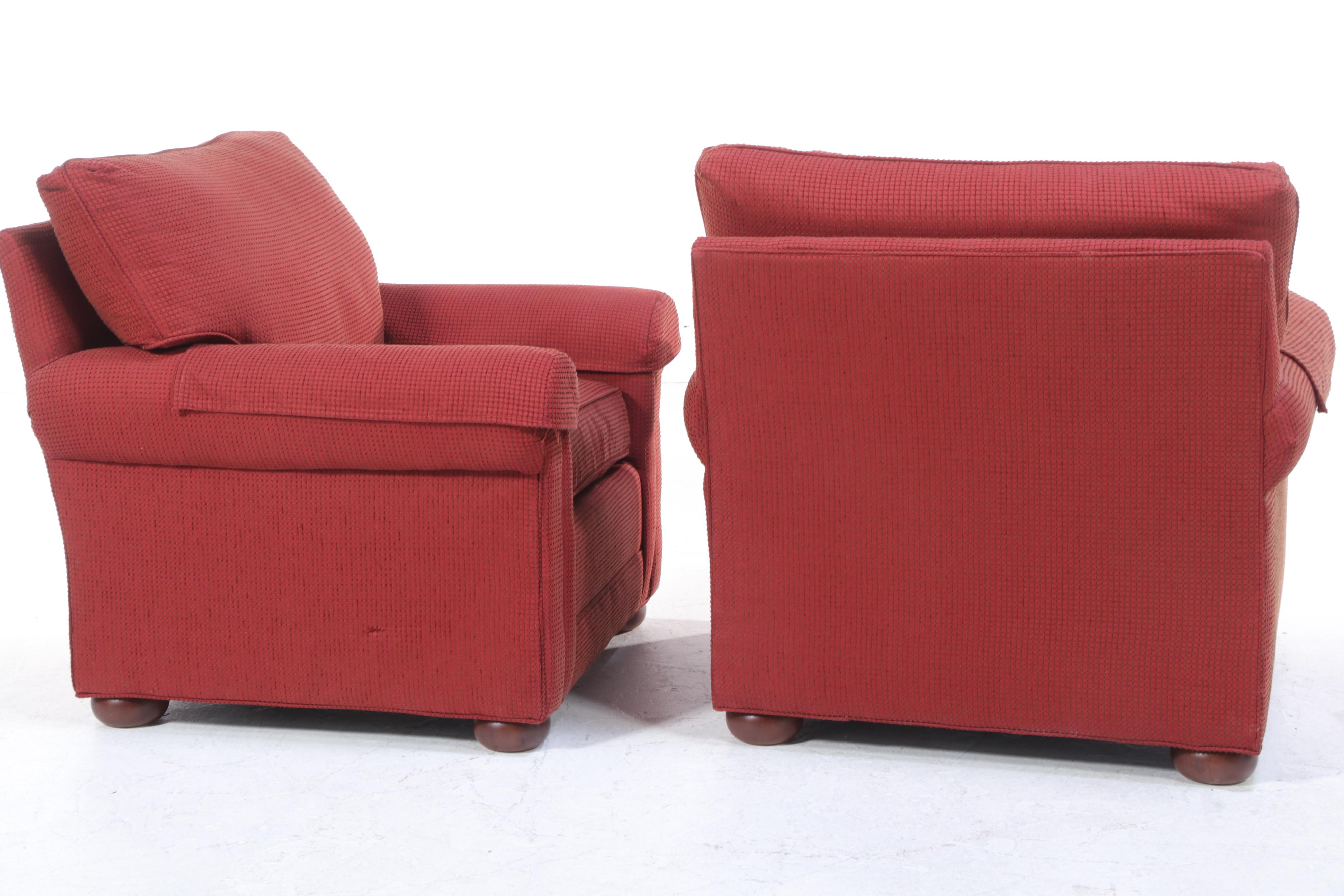 Pair of Temple Furniture CustomUpholstered Easy Armchairs Plus Leather Ottoman EBTH