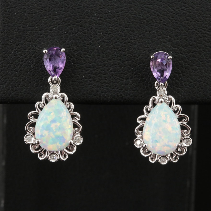 Sterling Opal, Amethyst and Diamond Earrings