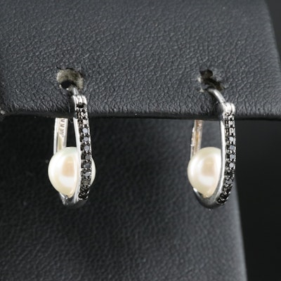 Sterling Pearl and Diamond Hoop Earrings