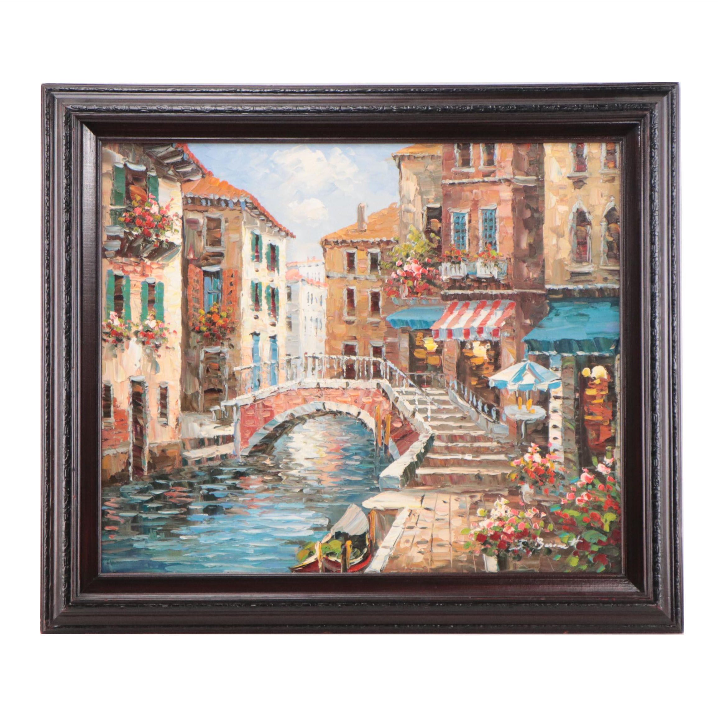 J. Landscape Oil Painting of Venice Canal Scene, Circa 2000 EBTH
