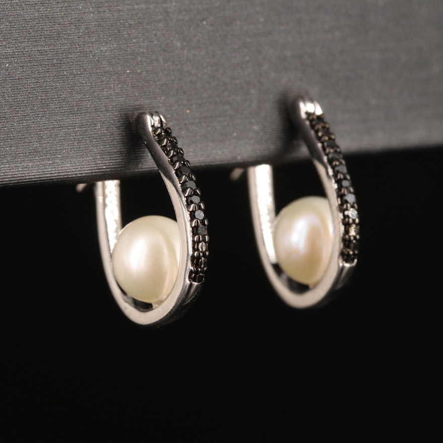 Sterling Pearl and Diamond Hoop Earrings