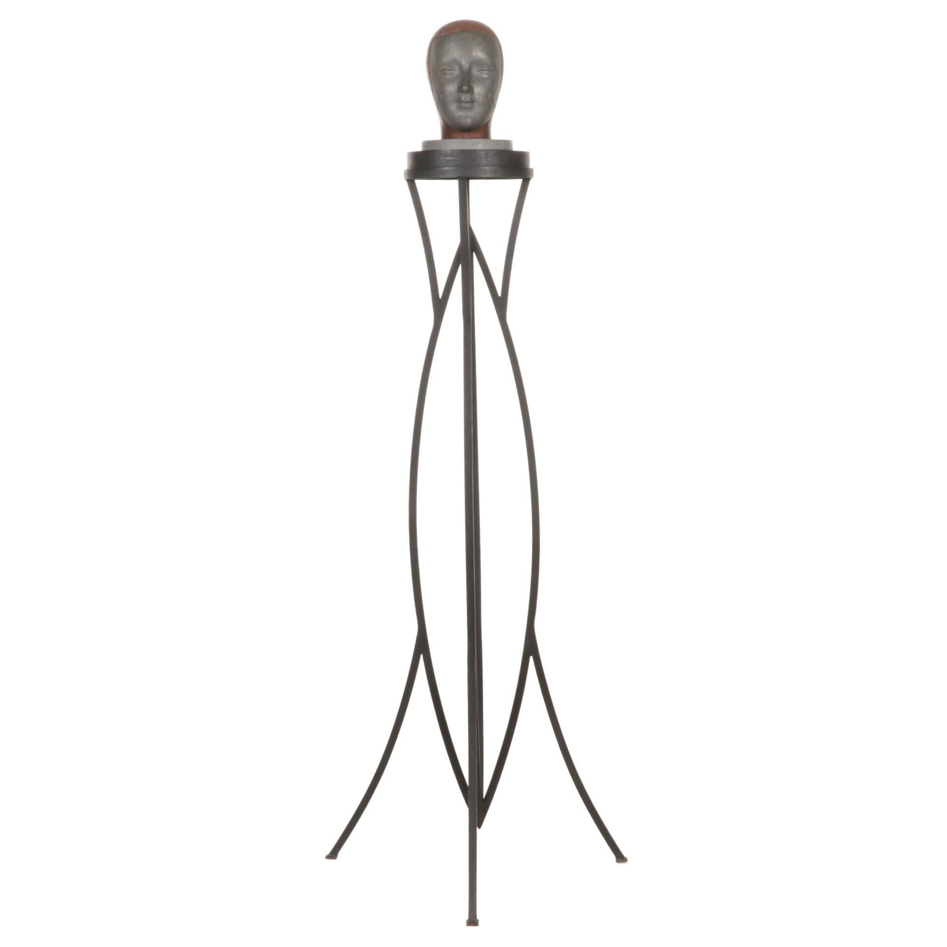 Iron Pedestal Stand with Metal and Wood Mannequin Head EBTH