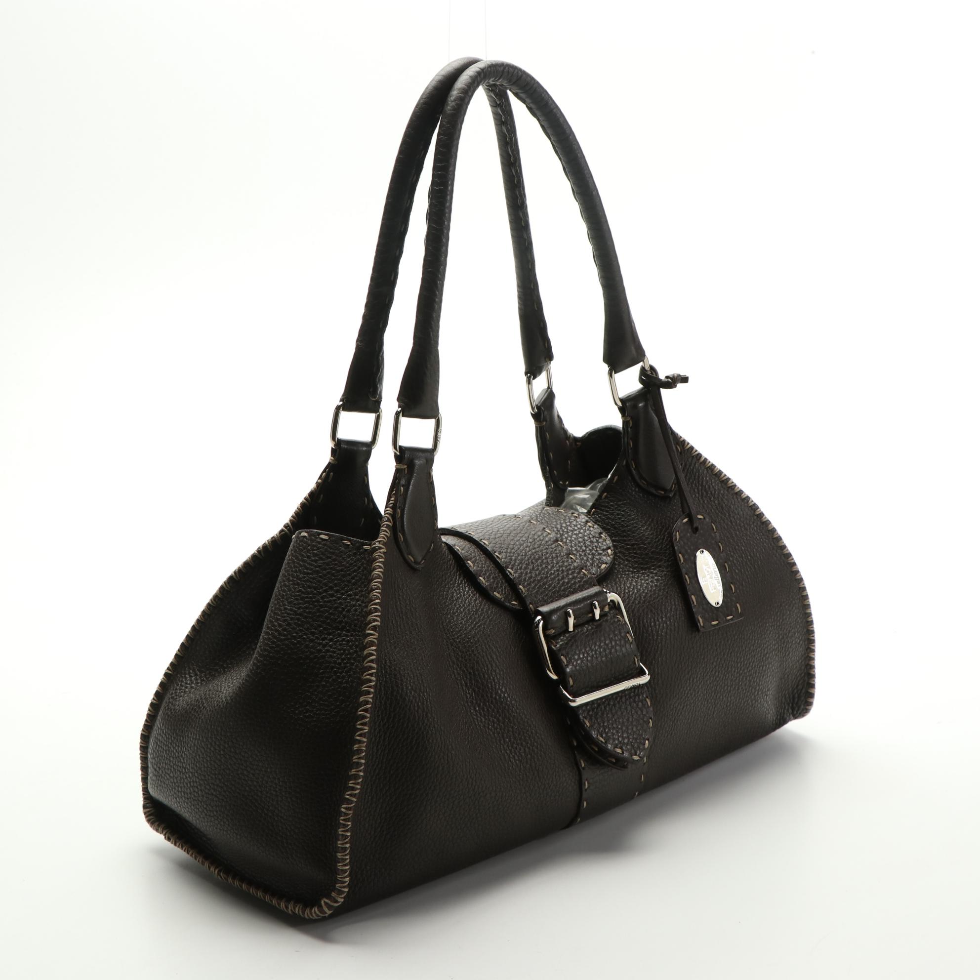 Fendi Selleria Grain Leather Shoulder Bag with Contrasting Whipstitch