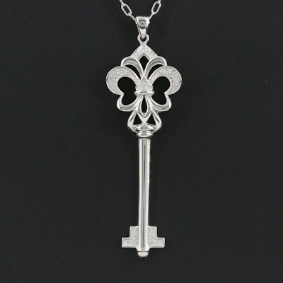 Sterling Diamond Fleur-de-Lis Key Pendant Necklace