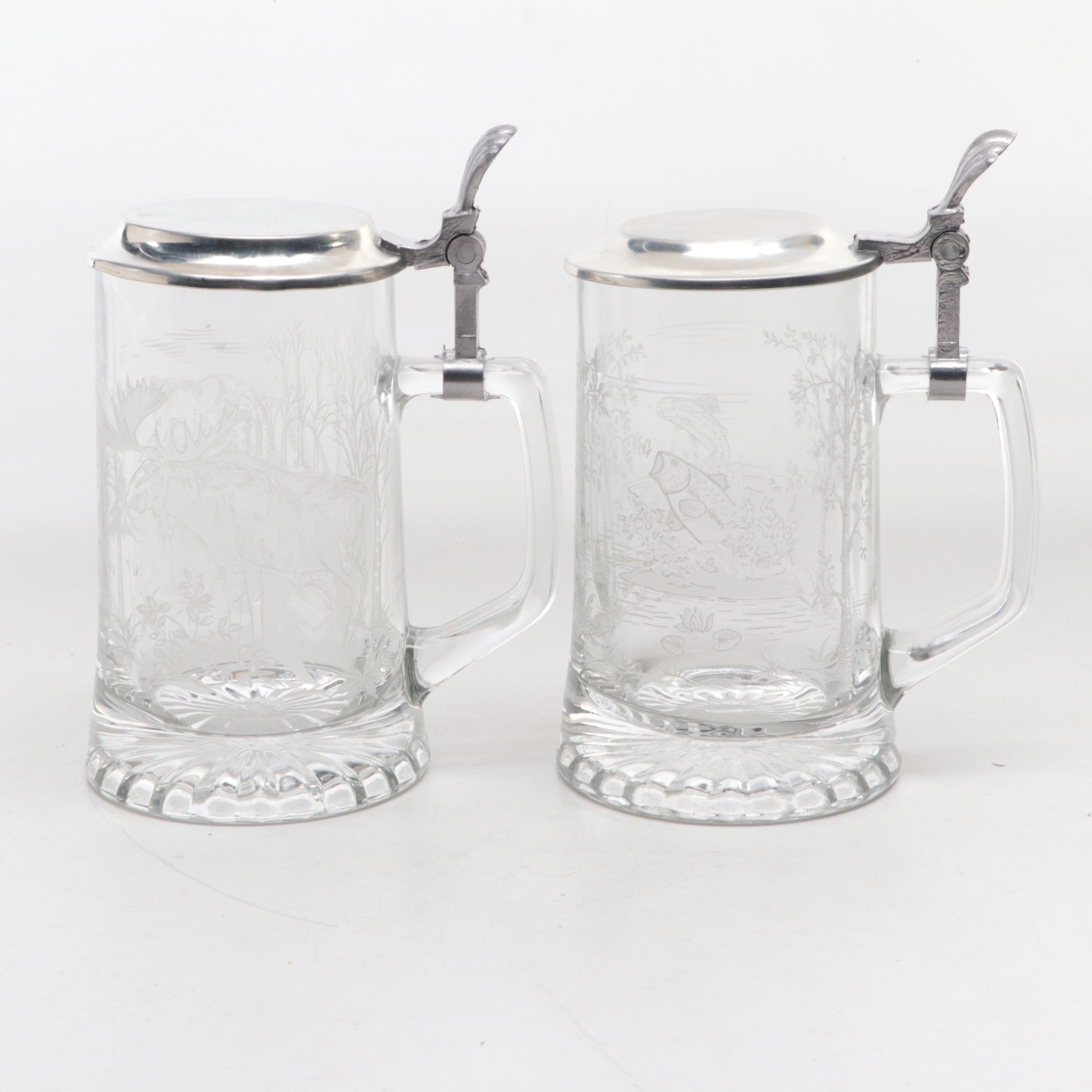 Alwe German Etched Glass Beer Steins with Accent Pillow EBTH