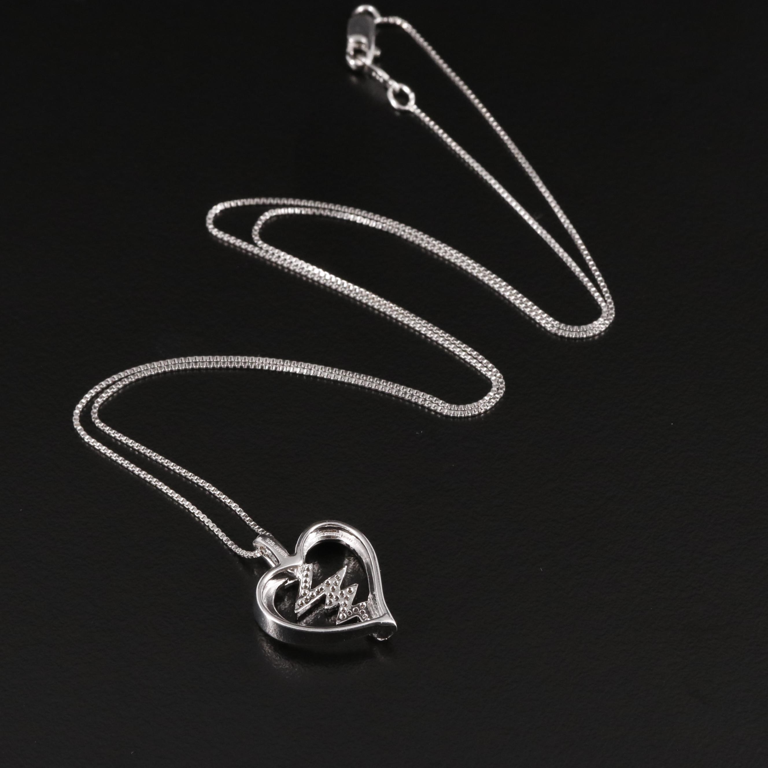 Sterling Diamond Lightning Bolt Heart Pendant Necklace EBTH