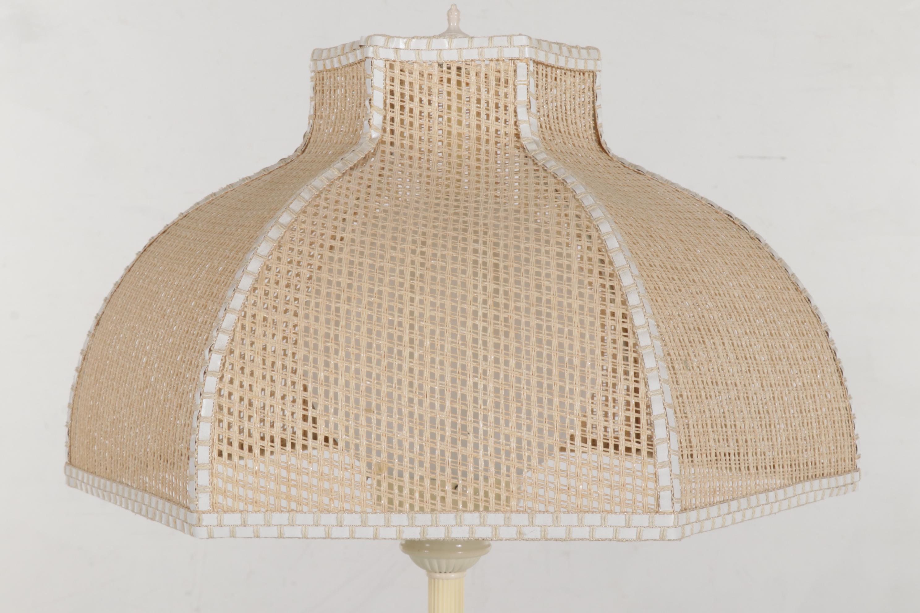 Metal Glass Top Lamp Table with Woven Cord Lampshade, Mid 20th Century