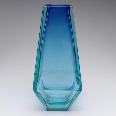 Moser "City" Beryl and Blue Underlaid Cut Crystal Vase