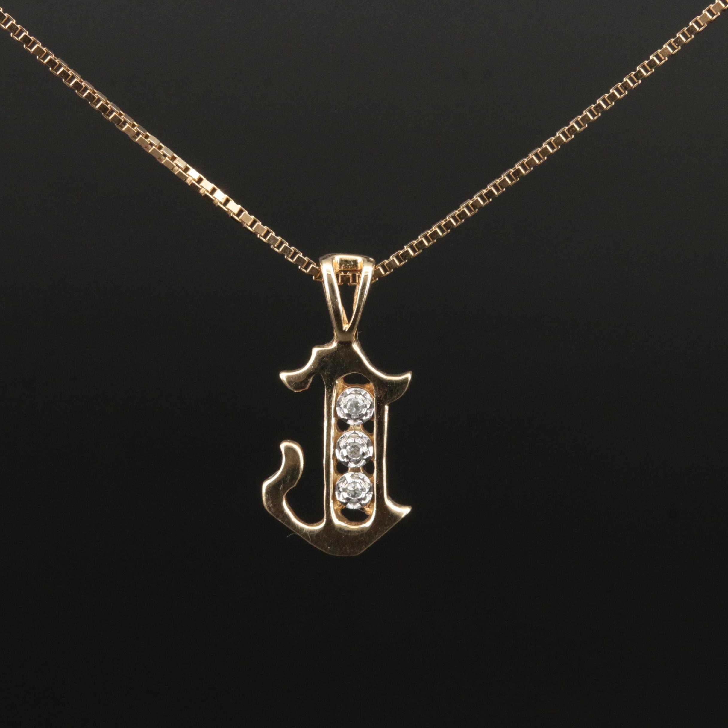 14K 0.02 CTW Diamond Old English "J" Pendant Necklace EBTH