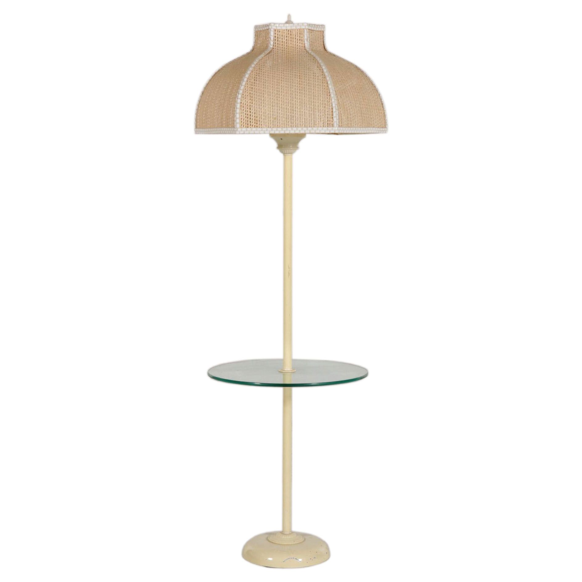 Metal Glass Top Lamp Table with Woven Cord Lampshade, Mid 20th Century