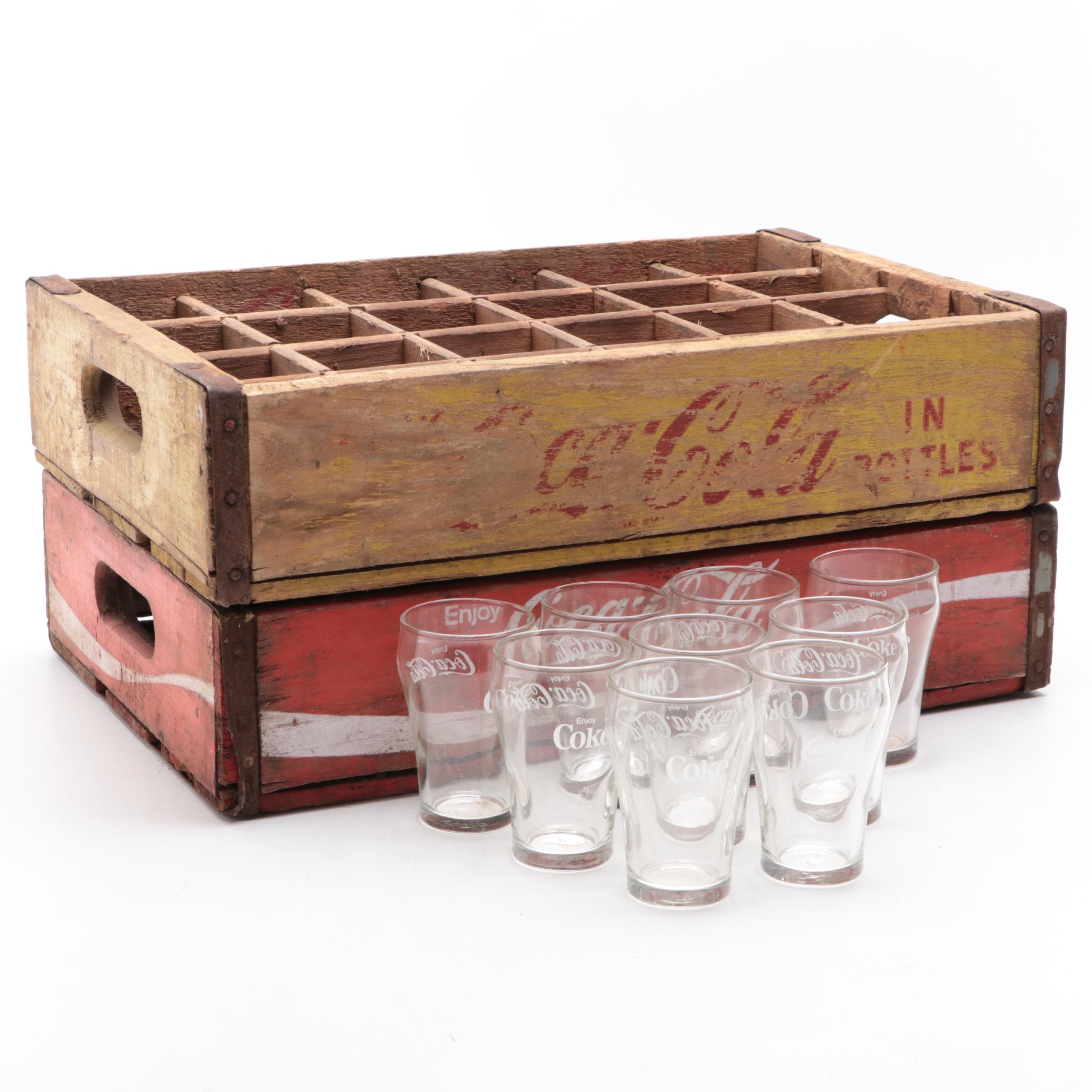CocaCola Wood Shipping Crates and Glasses, Mid20th Century EBTH