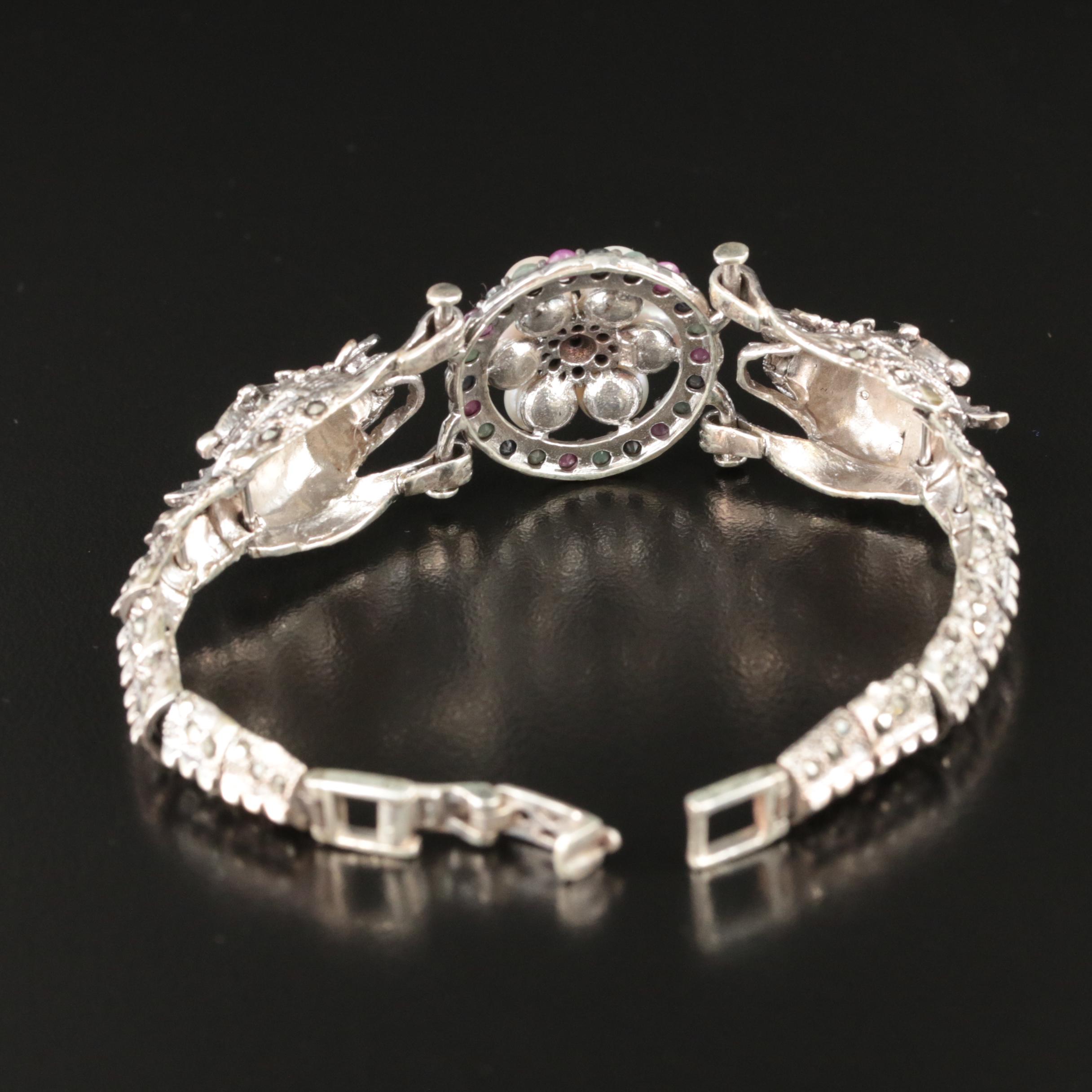 Sterling Ruby, Emerald and Gemstone Double Dragon Bracelet EBTH