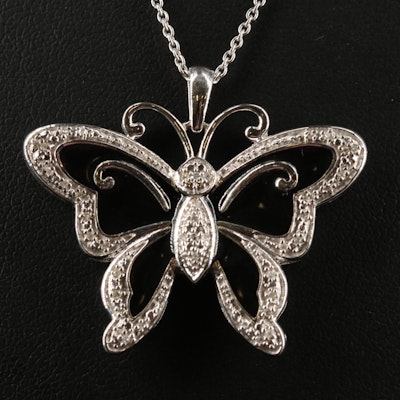 Sterling Diamond and Enamel Butterfly Pendant Necklace