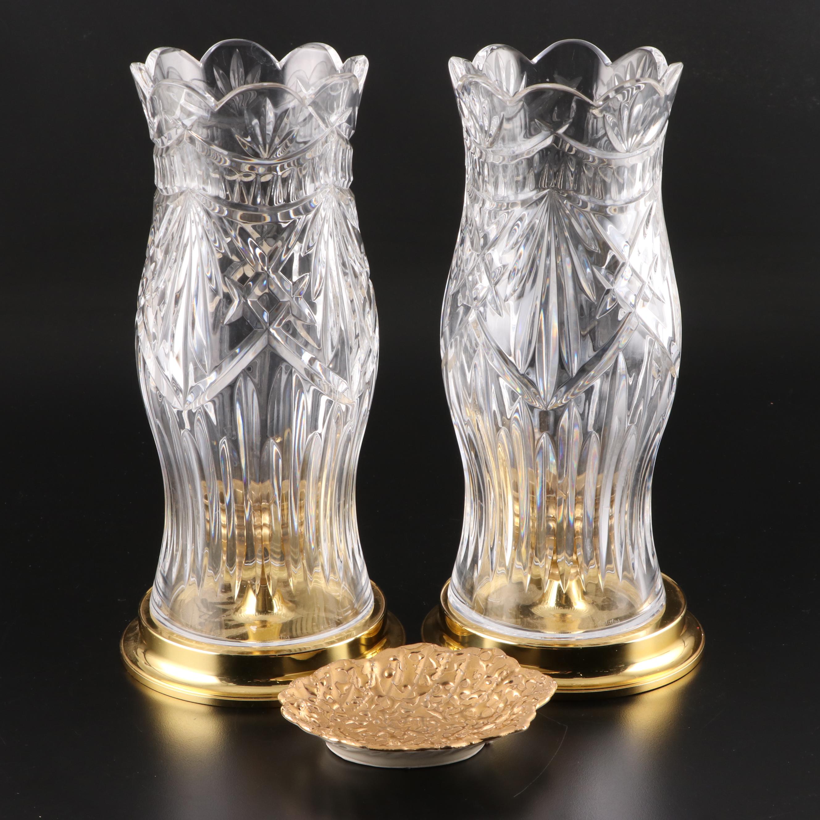 Brass and Leaded Crystal Hurricane Candle Holders with Gold Decorated