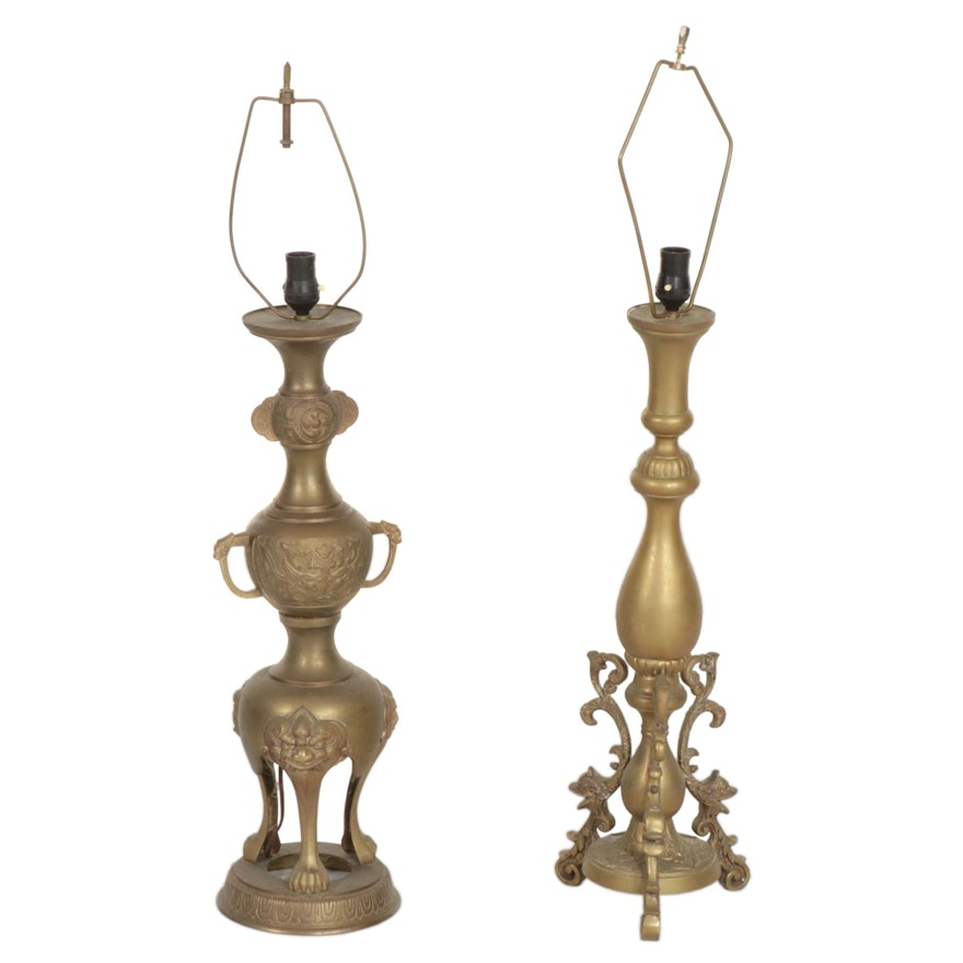 Indo-Persian Style and Japanese Brass Table Lamps, Mid-20th Century
