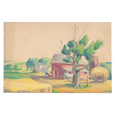 Regionalist Farm Landscape Oil Painting, Circa 1940