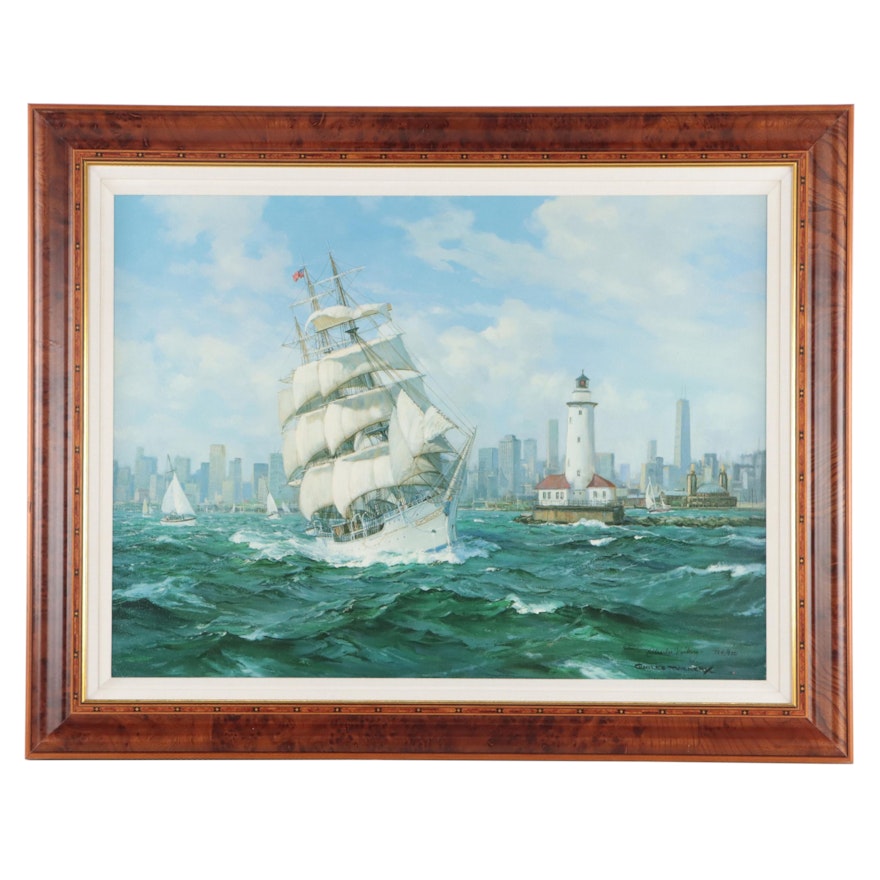 Charles Vickery Nautical Scene Offset Lithograph "Farewell Chicago"