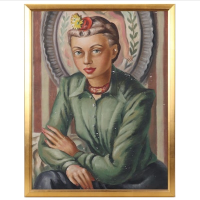 Adelaide Briggs Portrait Oil Painting of Woman in Green, Mid-20th Century