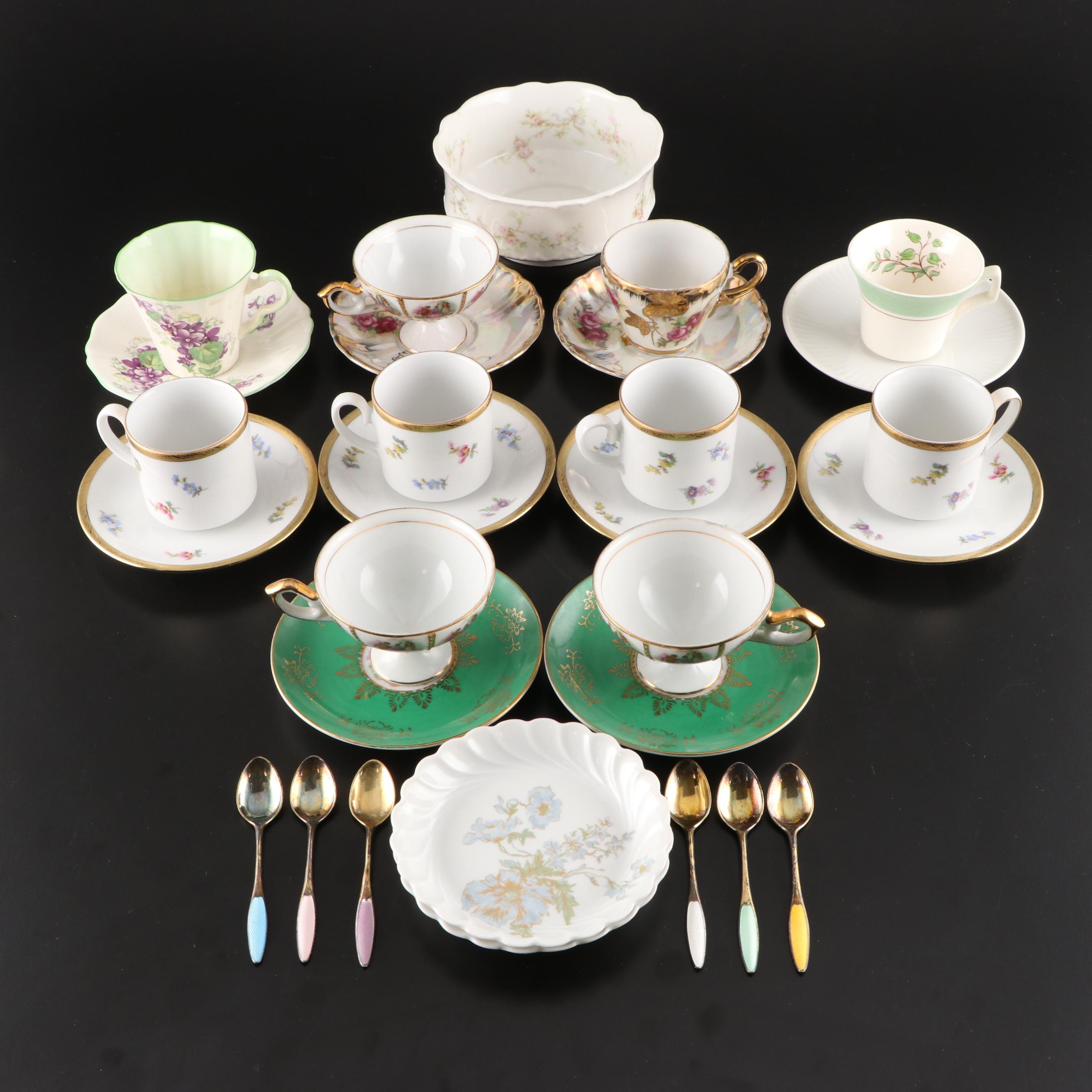 Assorted Vintage Decorative Serving Plates, Teacups, Sterling Teaspoons