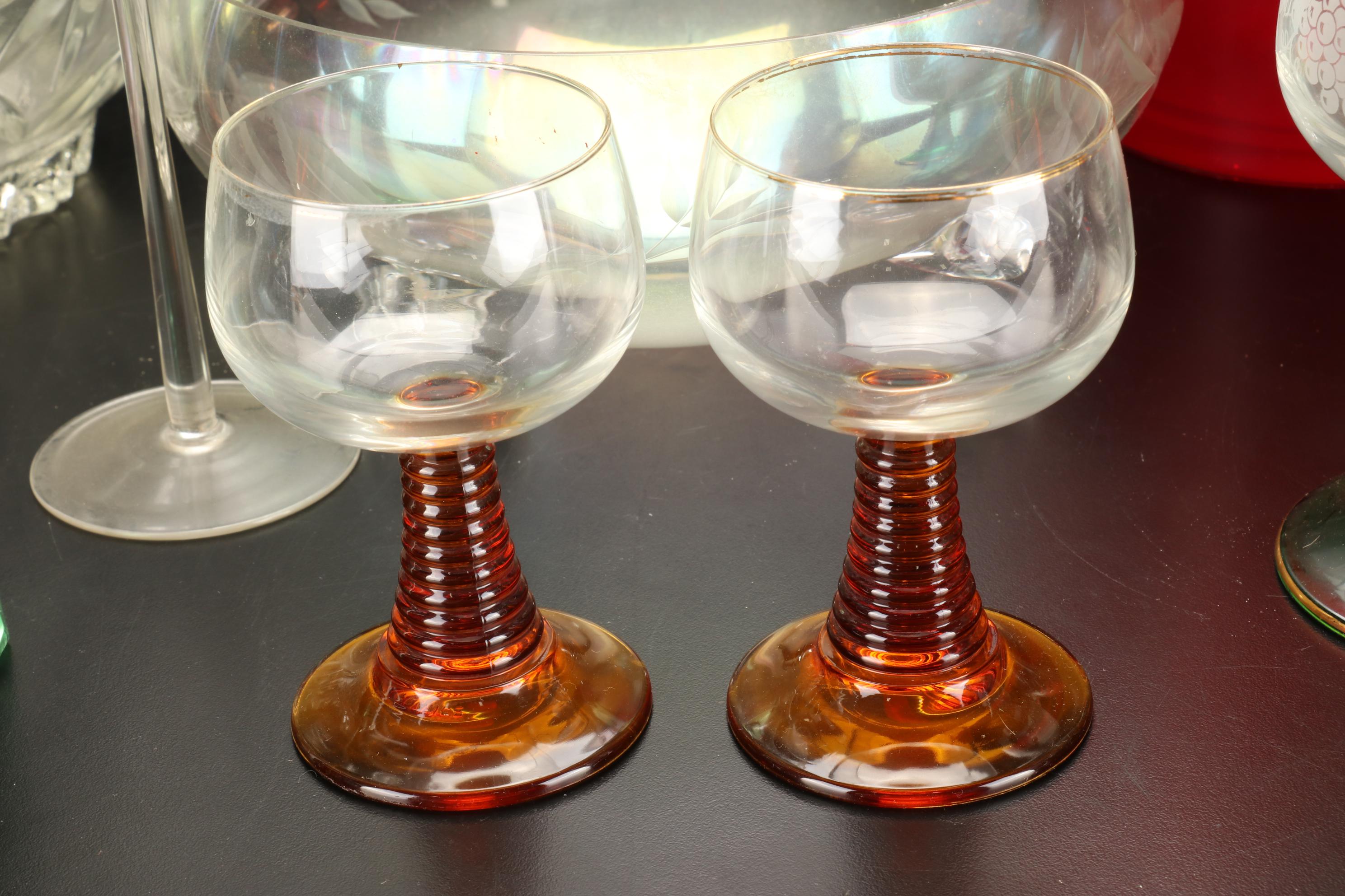 German Wine Glasses, Iridescent Footed Bowl, and More, Late 20th