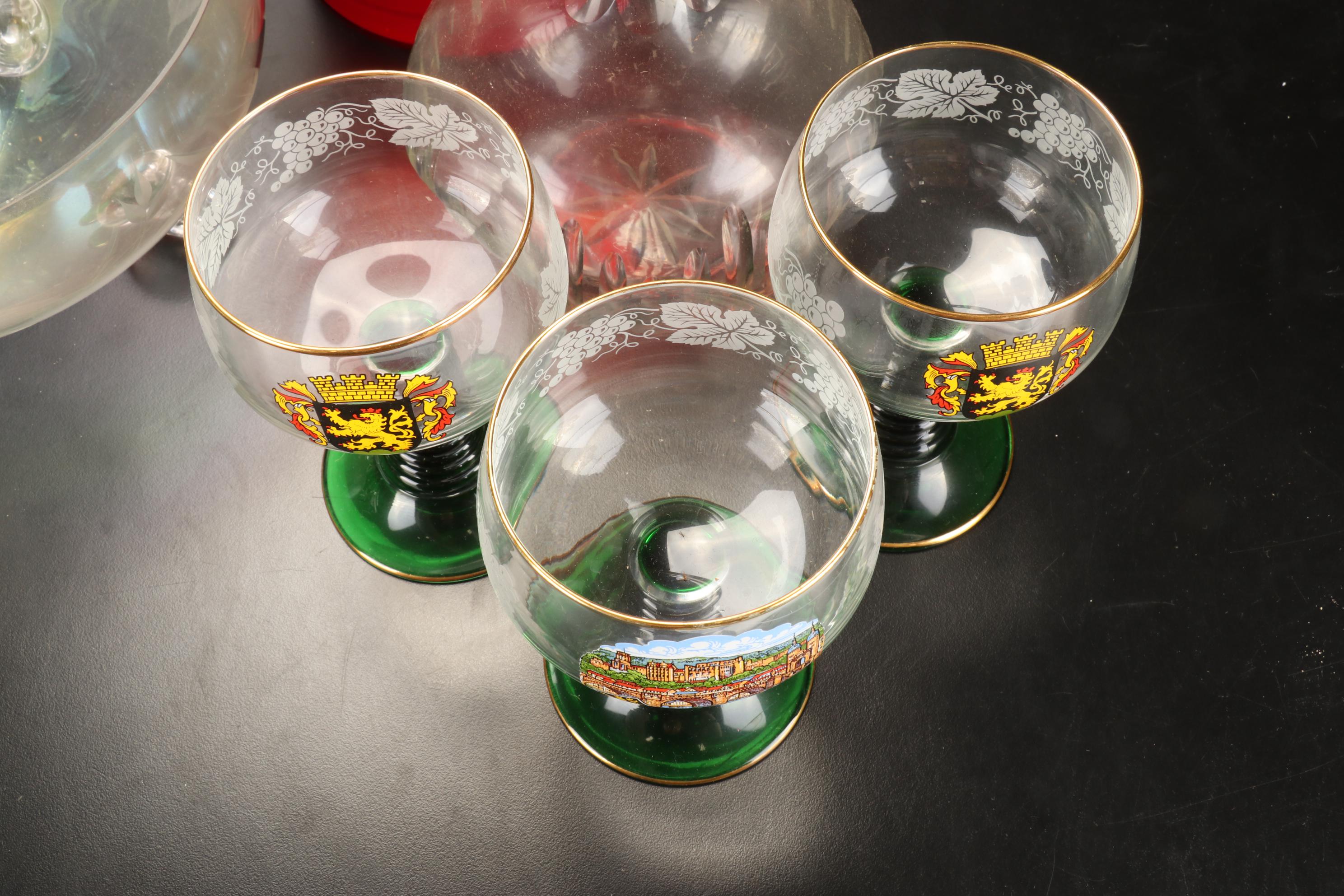 German Wine Glasses, Iridescent Footed Bowl, and More, Late 20th