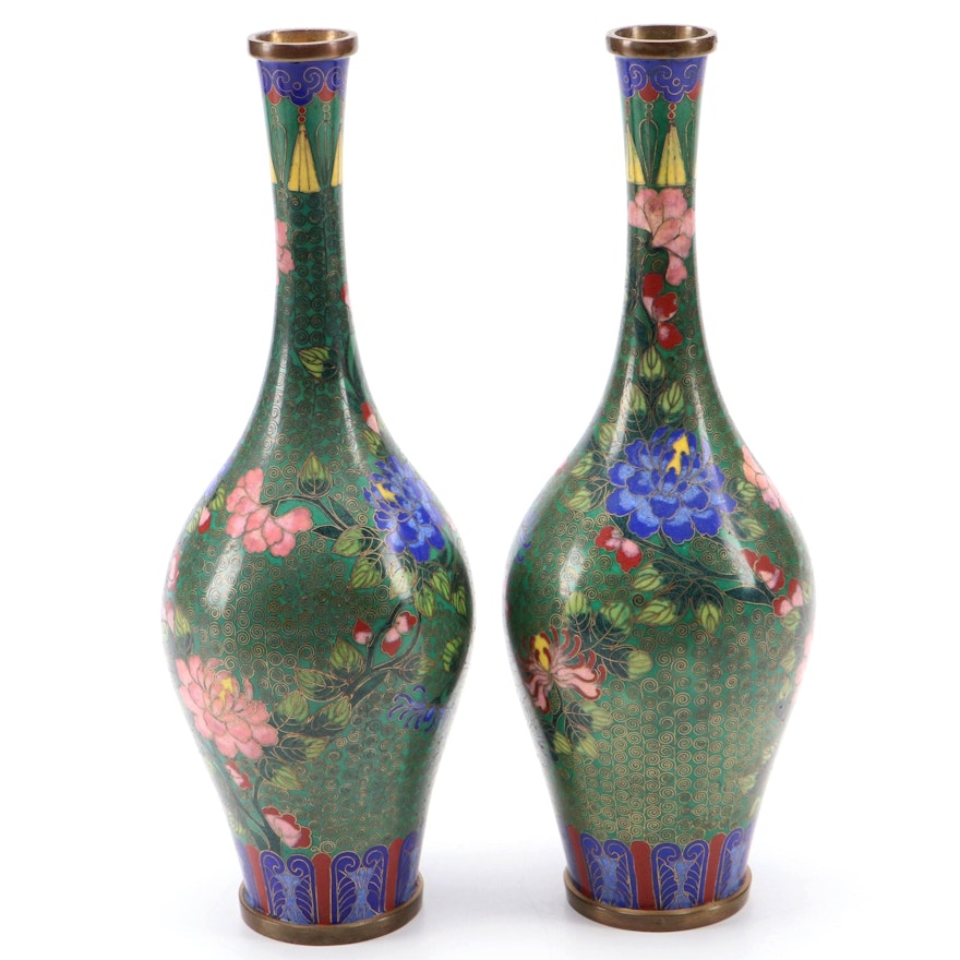 Pair of Chinese Cloisonné Chrysanthemum and Peony Bottle Vases