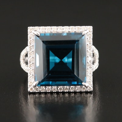 14K 20.35 CT London Blue Topaz and 0.99 CTW Diamond Cathedral Set Ring