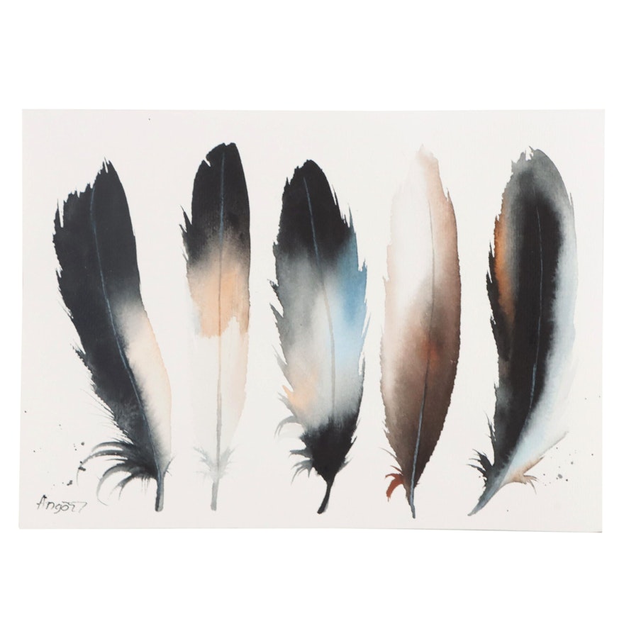 Anne Gorywine Watercolor Painting of Feathers, 2020