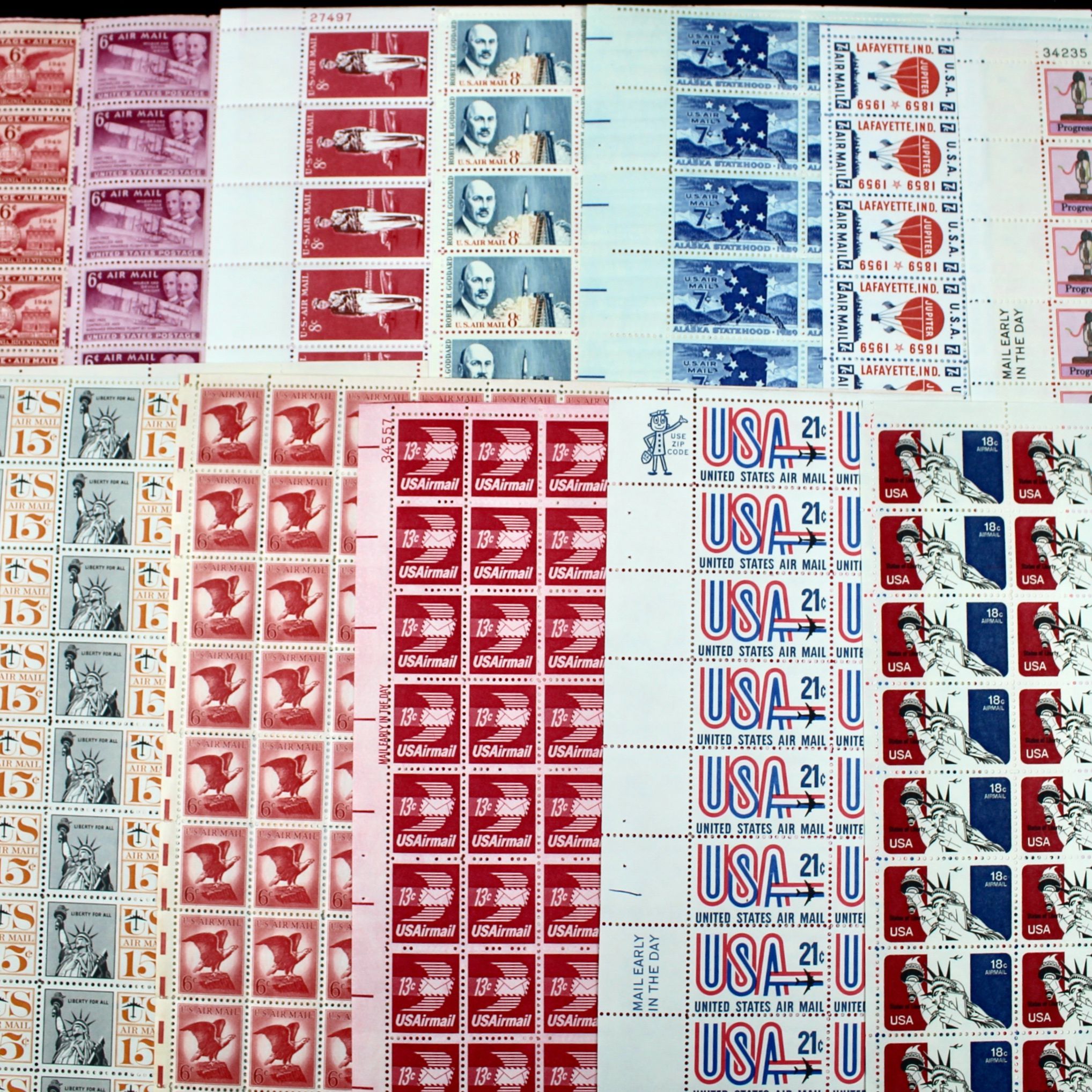 Fourteen Different U.S. Airmail Postage Stamp Sheets EBTH