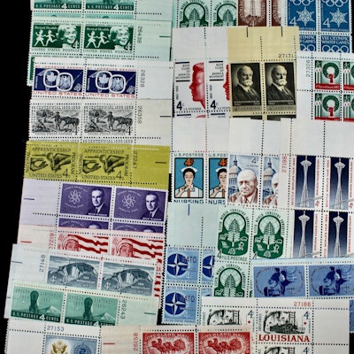 1,000 Postage Stamp 4-Cent U.S. Plate Blocks, 1950s to 1960s