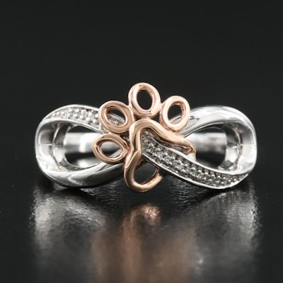 Sterling Diamond Paw Print Infinity Ring with 10K Rose Gold Accents