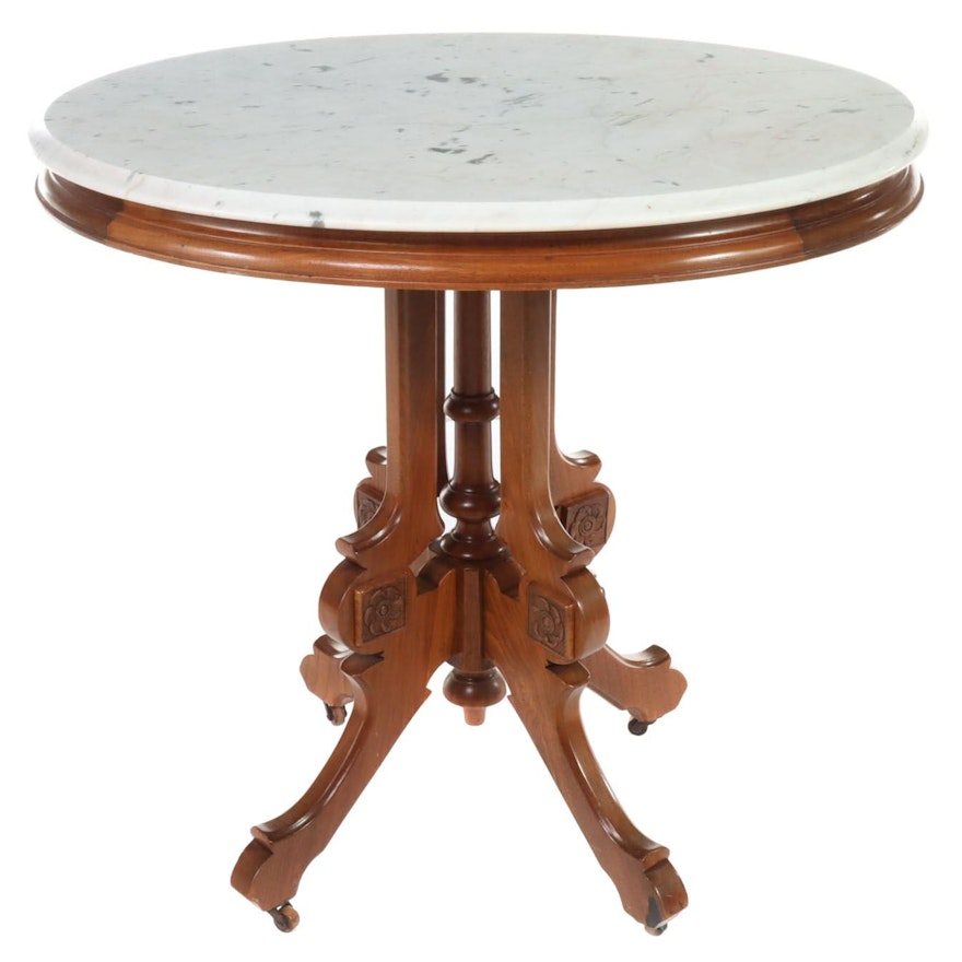 Victorian Walnut and White Marble Side Table, Late 19th Century